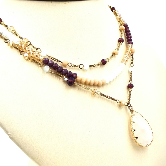 TRIPLE STRAND ROSE QUARTZ CRYSTAL DROP NECKLACE - Picture 2 of 7